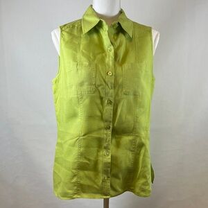 Choices Linen Sleeveless Button Up Shirt Lime Green Collared Blouse Women's M